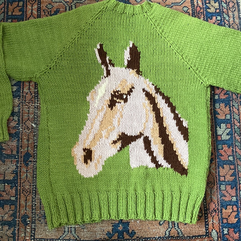 Vintage Hand Knit 1960s/70s Mary Maxim Lucky Horse Zip Sweater/Cardigan